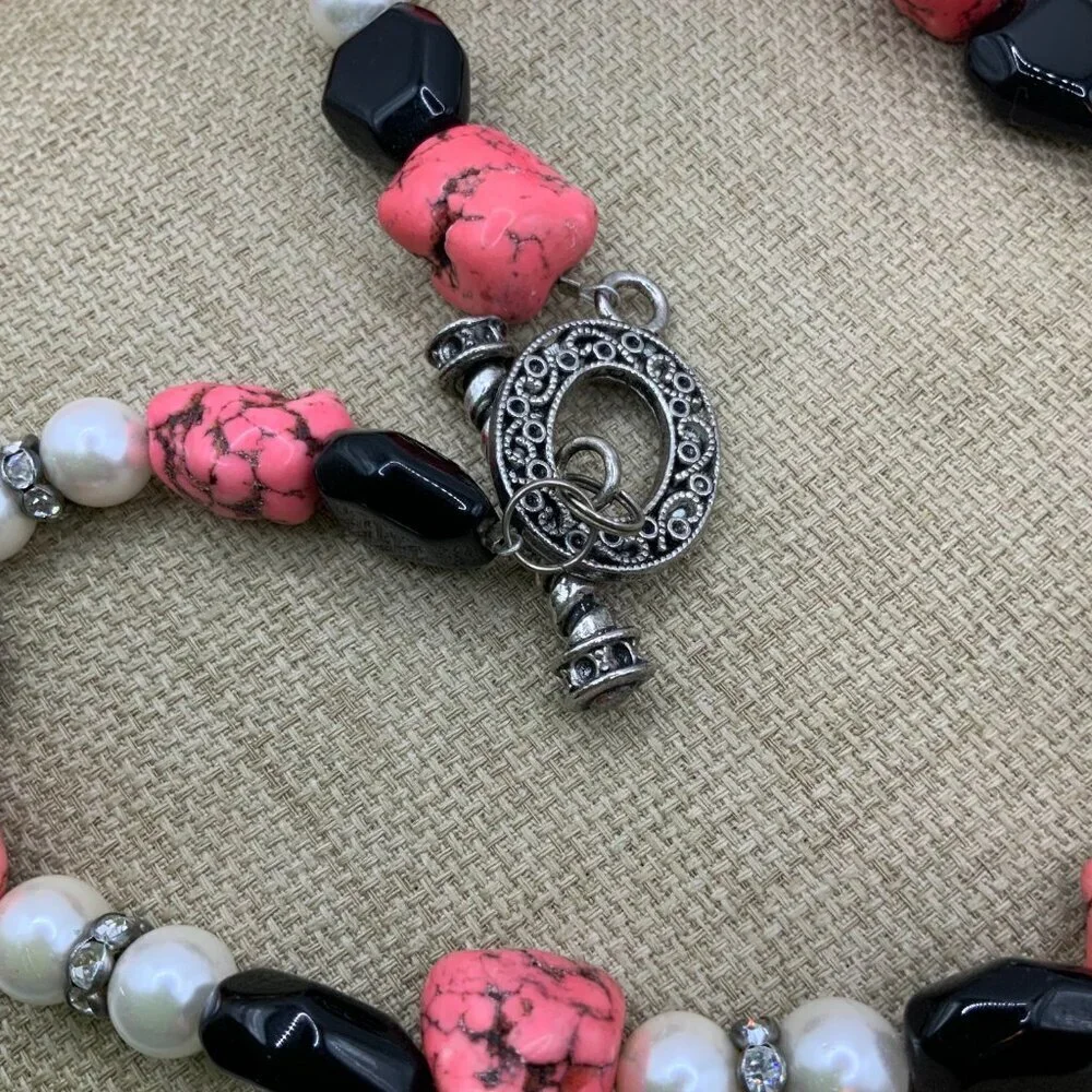 Howlite Pink Glass Beads Black Rhinestone Faux Pearls Silver Tone Cross Necklace